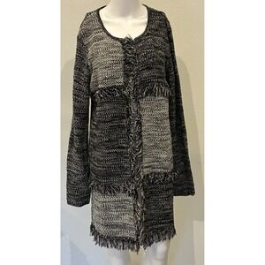 Blocked‎ Patchwork Womens Cardigan Fringe Size L Black White Boho Cozy Office